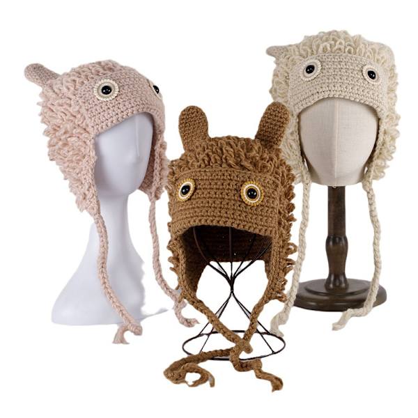 Vit, tecknad monsterhatt, trendig garn stickad damhatt,