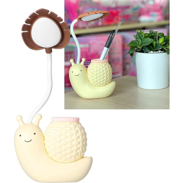 LED-skrivebordslampe med penneholder, tegneseriefigur, snegl, multifunksjonell