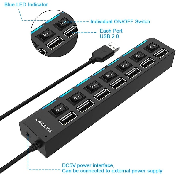Multi-Port USB-splitter, 7-Port USB 2.0 Hub, USB A Data Hub med