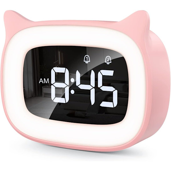 1 stk rosa barneklokke med alarm, LED nattlys