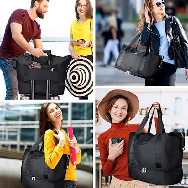 (Svart) Weekend Reiseveske Skulder Bag, Tørr og Våt Separat Duff