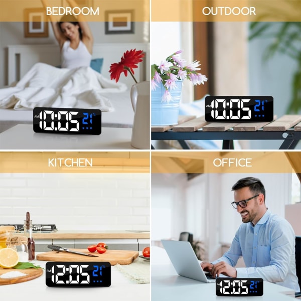 Digital väckarklocka, stor skärm med temperaturdisplay, säng