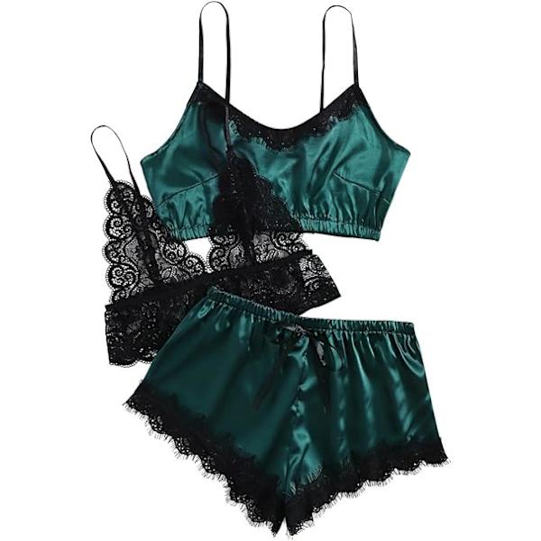Pyjamassett for kvinner, sexy, kort, sateng, 3 deler, blonder, camisole, shorts