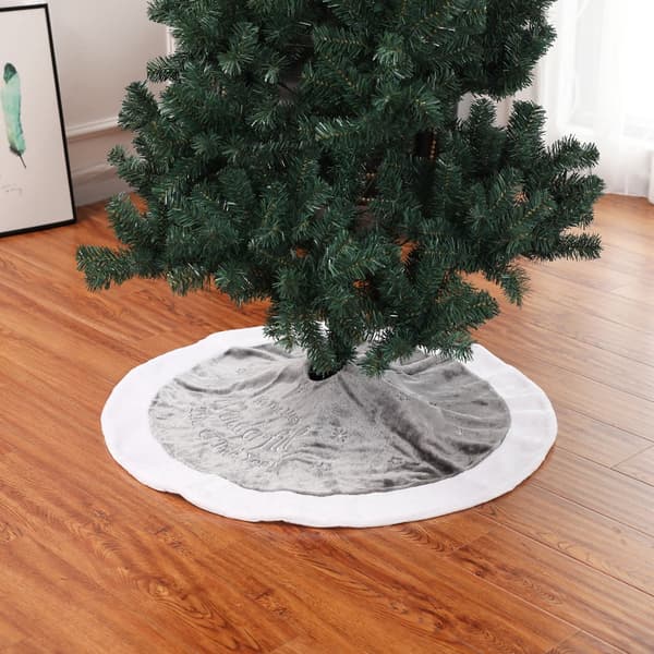 90cm Grå Plysch Julgransmatta, Vit Julgransmatta