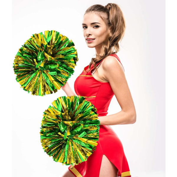 Gröna och guldfärgade cheerleader-pompoms, 2 stycken metalliska cheerleader-pompoms