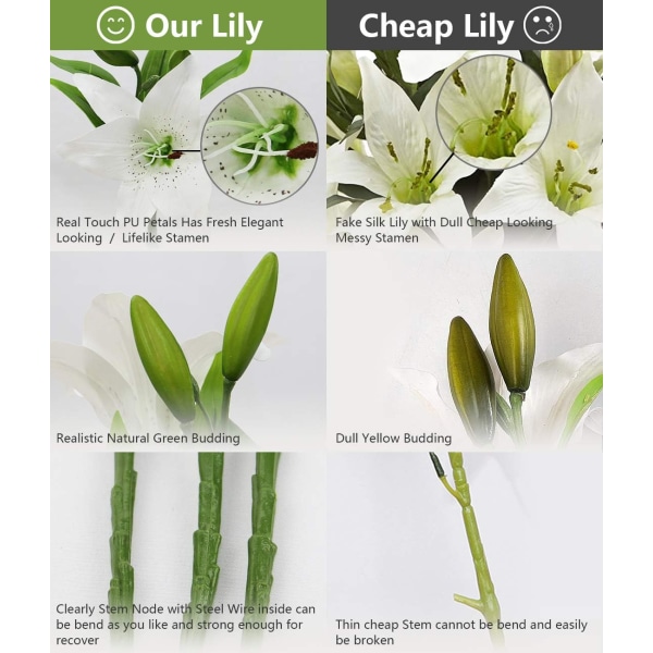 6 konstgjorda liljeblommor Vita buketter, realistiska falska liljor Flo