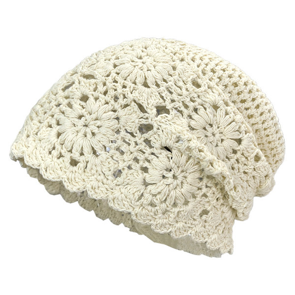 Solid Beige Dame Bomulds Hæklet Slouchy Hue Hat Håndlavet Strik