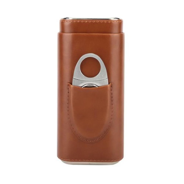 3-fingret læder cigar etui, brun cedertræ foret humidor