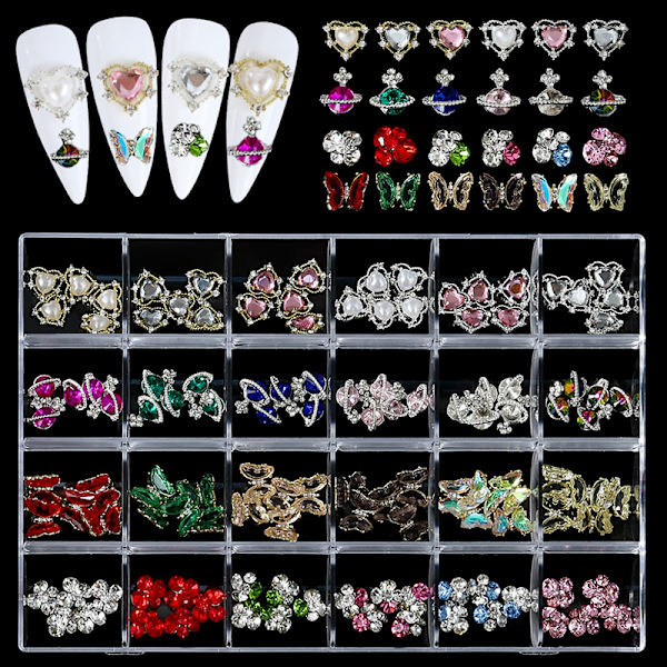 Nytt 24-rutnät box set med nageltillbehör, legering nageldiamanttillbehör