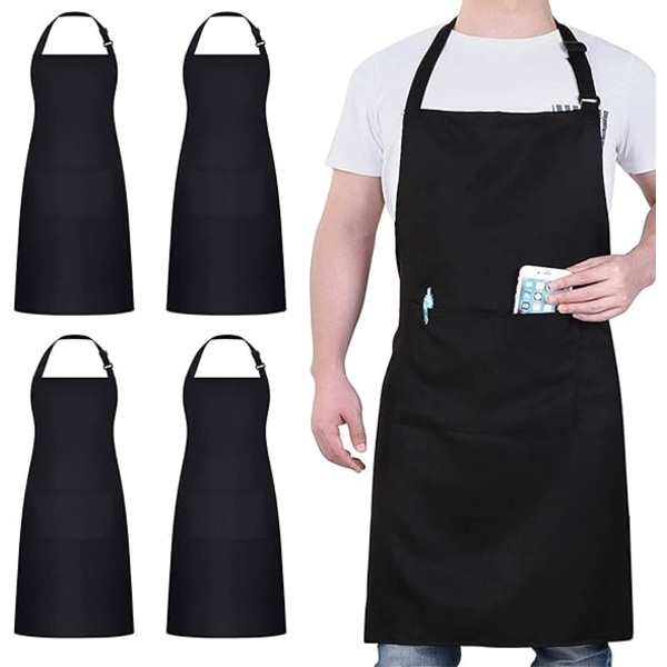 4 pakke kokkeforklær, svart forkle med 2 lommer, vanntett justering