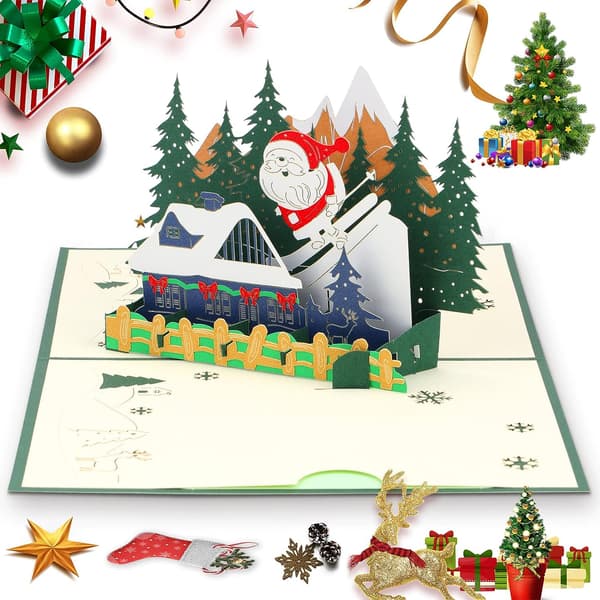 Pop-up julkort - Tomte, ren och presenter - 3D jul