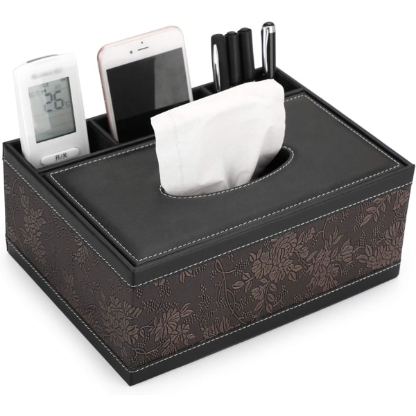 Tissue Box PU Læder Rektangulær Serviet Dispenser med 3 Rum