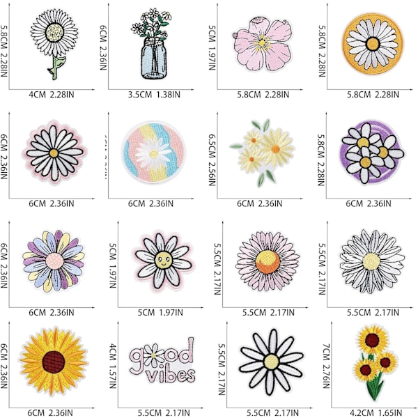 16 stk blomsterbroderi lapp, blomsterbroderi stoff lapp, sm