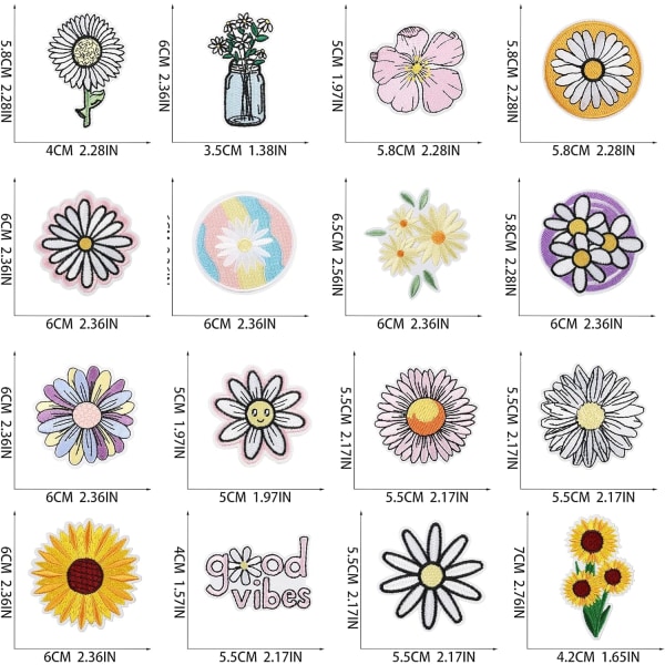 16 stk. blomsterbroderi-patch, blomsterbroderi-stofpatch, sm