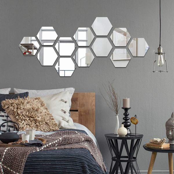 12 spegelakrylstickers för vägg (hexagonal, röd) 17,7 cm x 15,3 cm
