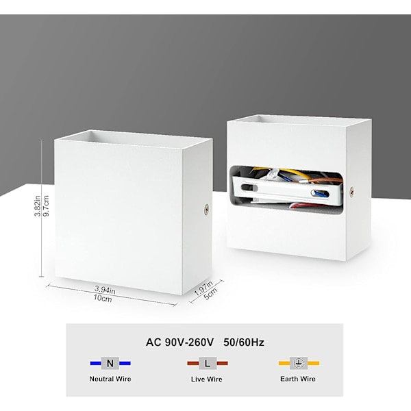 2 stk. 6W LED væglamper, 3000k varm hvid moderne aluminium oppe