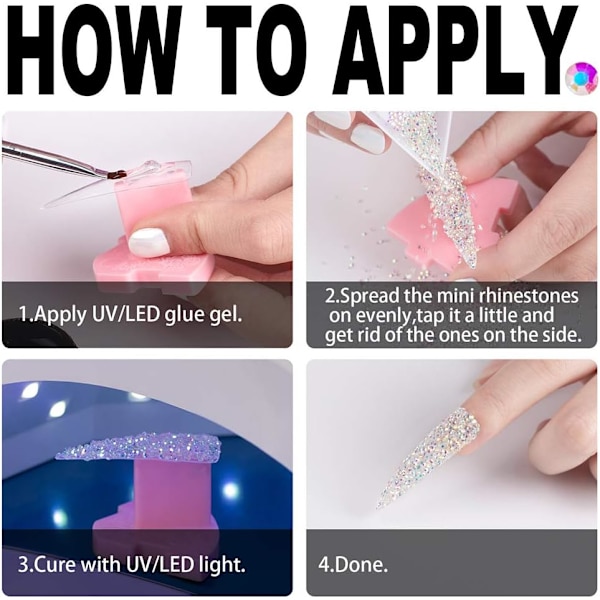 Et sæt med 10.000 1,2 mm regnbuefarvede glas mini-rhinestones til kreativitet