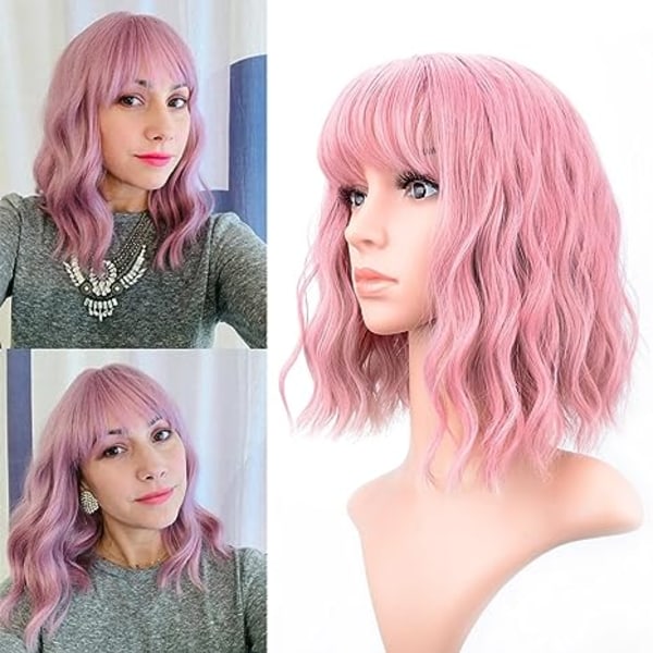 Pastel Wavy Wig With Air Bangs Women's Short Bob Purple Pink Wigs