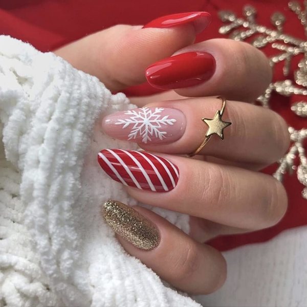 Jul Mandel Falska Naglar Glitter Snöflinga Tryck på Naglar Glo