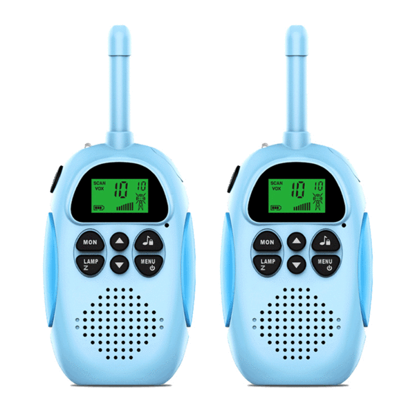 2 stk blå oppladbare walkie talkies for barn med FM r