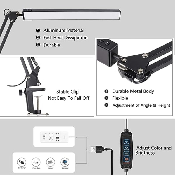 LED-skrivebordslampe - Sort kraftig LED-skrivebordslampe med klemme - Øjenbeskyttelse