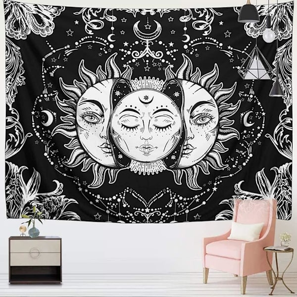 Aurinko ja kuu seinävaatetapetti, musta psykedeelinen mandala W