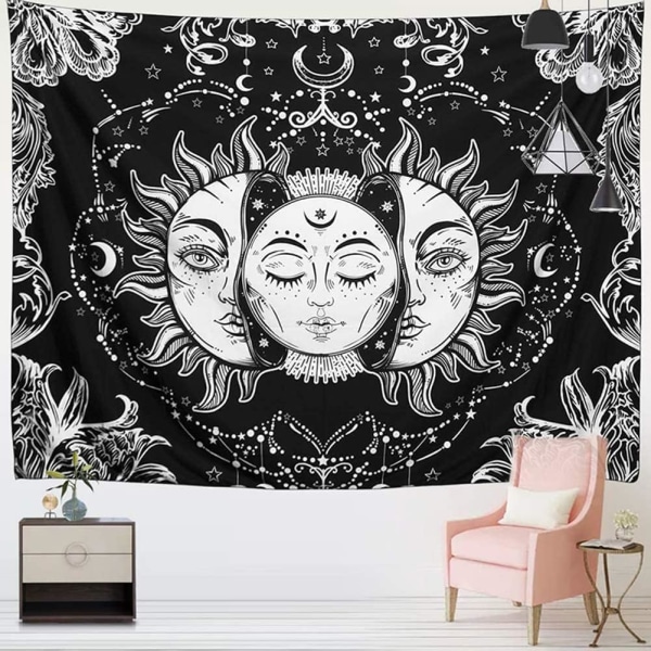 Sol og måne veggteppe tapet, svart psykedelisk mandala W