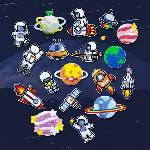 Set av 18 datorbroderade planettecknade astronautbroderier