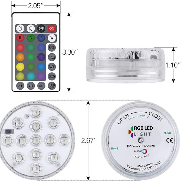 Sukellettava LED-valo 2-pakkaus 13 LED RGB koristeellinen LED-sukellusvalo