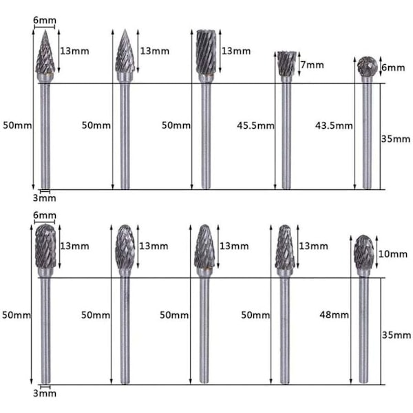 10 stk Tungsten Carbide roterende burrsett med slipehode for Dre