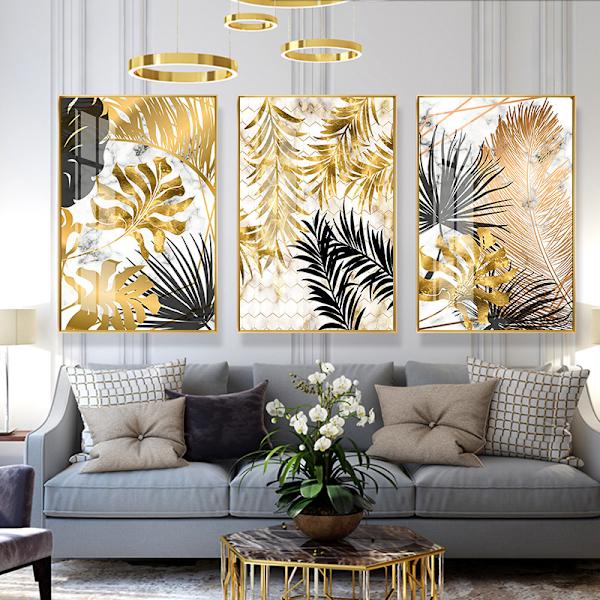 Set med 3 designposters - Skogsmönster Guldfolie Palmblad Oinramad