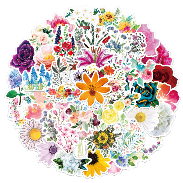 50 klistremerkepakke - blomstrende blomster grafitti-klistremerker, flerfarget