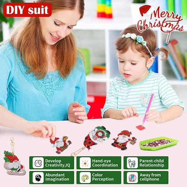 12 stk. Jule DIY Diamant Maleri Nøglering, Julemand 5D Fu