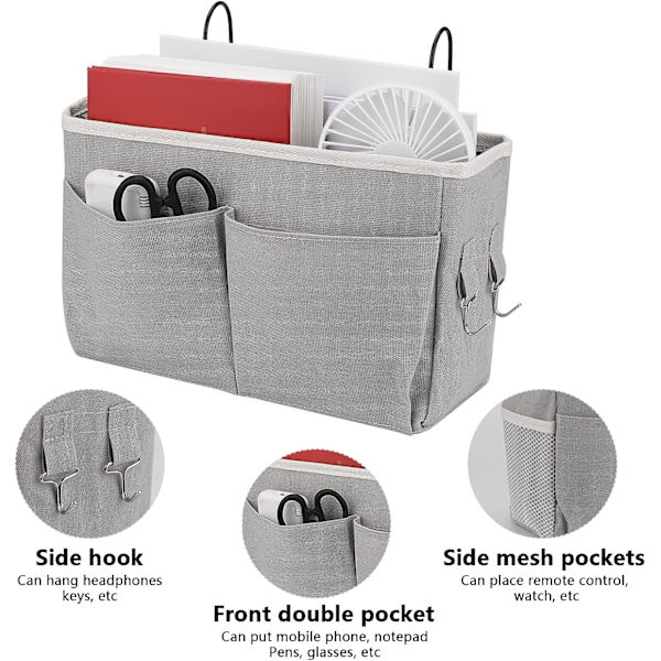 1PC（Grå）Sängficka, Vattentät Canvas Sänghylla Organizer Hängande