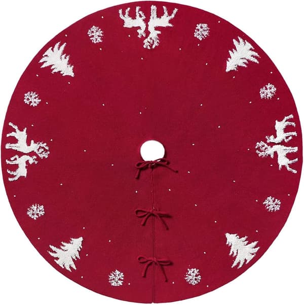 48 tum 122 cm stickad julgransmatta, rustik röd älg 3D jul
