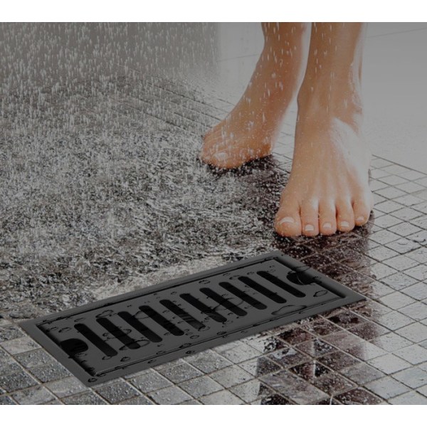 Rektangulært gulvavløp, 20×10cm svart rustfritt stål langstrakt