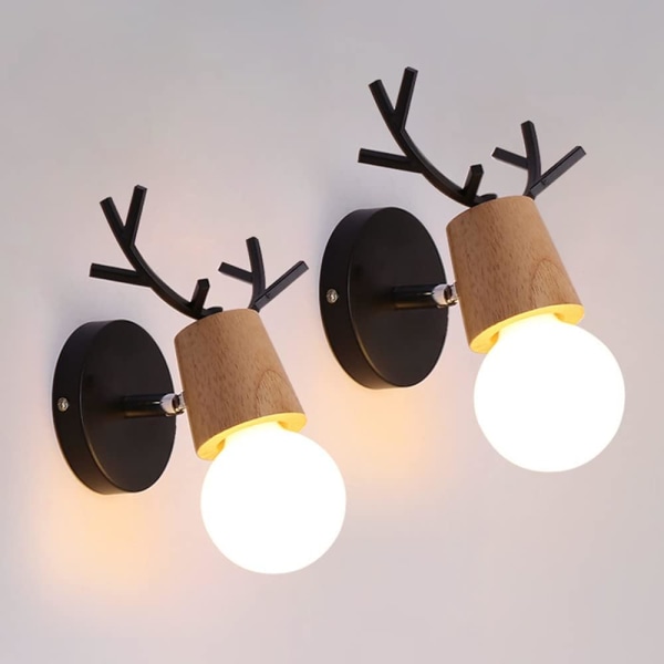 Retro vägglampa 2-pack, kreativ design vägglampa i trä med horn
