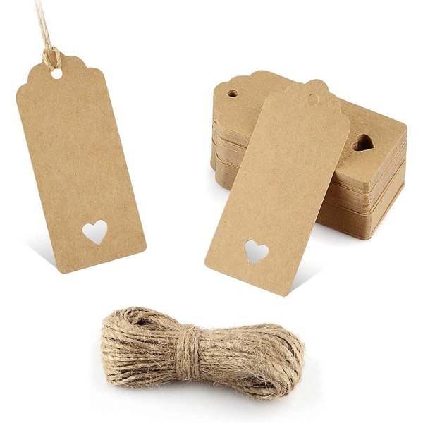 Kraftpappersetiketter Presentlappar 9x4cm, 100 st med Jutesnöre, för Bröllop