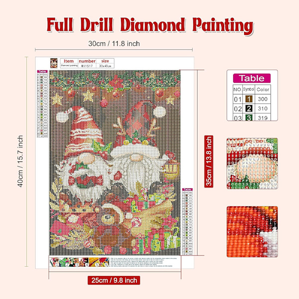 30x40cm Jul Diamantmålning Komplett Set, 5D Tomtar Diamant P