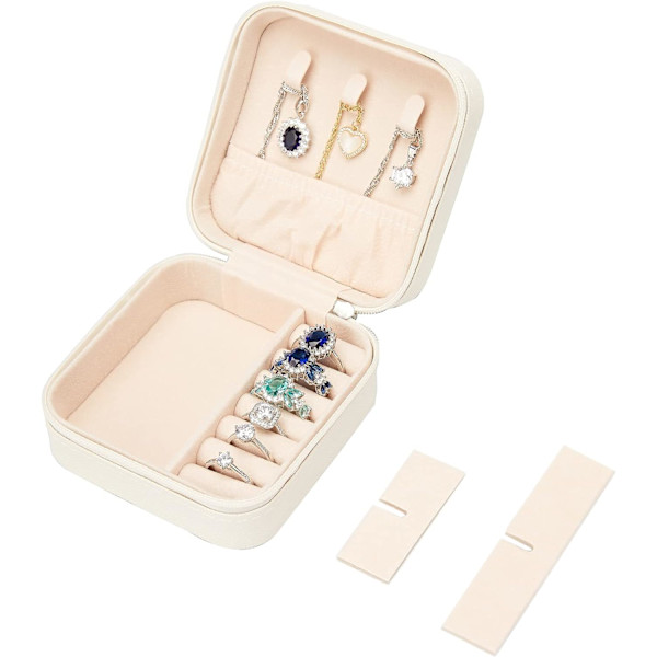 Vit, 9,5 * 9,5 * 5 cm liten bärbar syntetiskt läder smyckeskrin