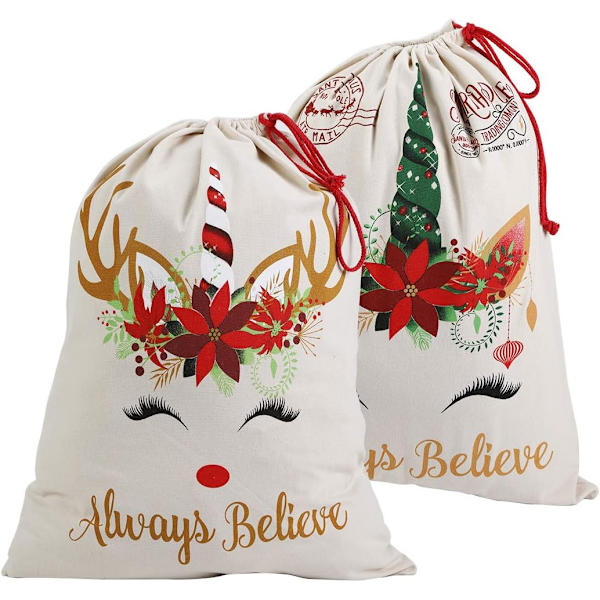 2-pack jultomte-enhörningsväskor i canvas med dragsko, extra