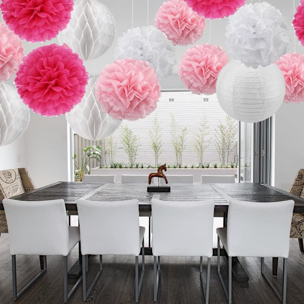 18 rosa tofsar av silkespapper, pappersblomsterbollar för födelsedagsfest