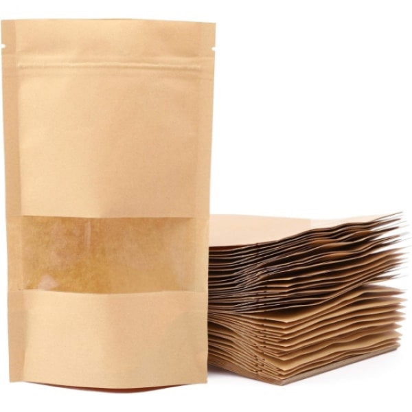 100PCS kraft paper bags with window, stand up bags with zipper, u