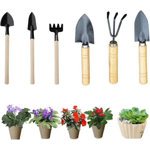 6 stycken mini trädgårdsredskap med trähandtag, trädgårdssats, mini