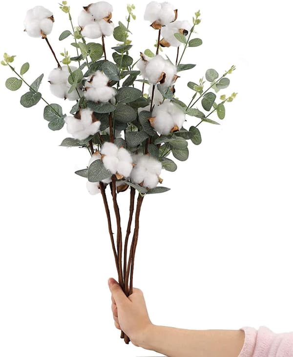 6 bomullsstjälkar, 54 cm bomullsblommor, 4 bomullshuvuden, varje stjälk, e