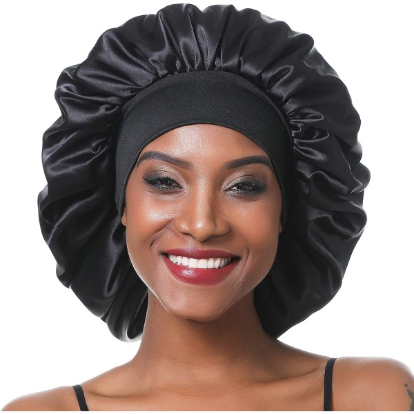 Bredt bånd elastisk sateng natthette for kvinner langt hår krøllete hår (