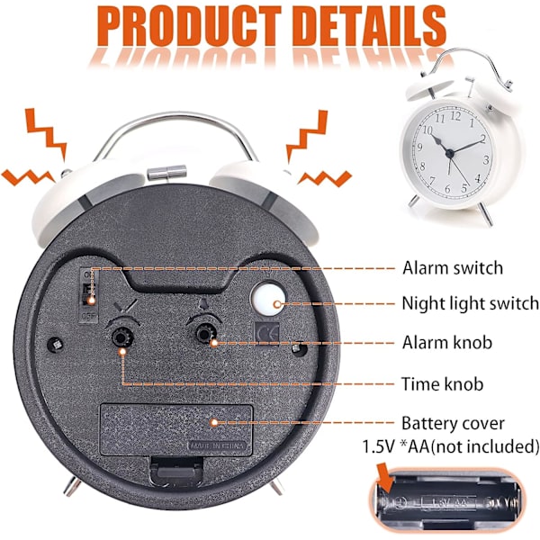 4\" Dubbelklocka Alarmklocka Retro Tyst Sängbordsalarmklocka Batteri