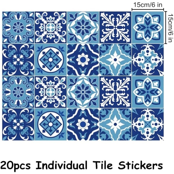 20 st (15 cm x 15 cm, 6 x 6 tum) blå och vit marockansk kakelstav