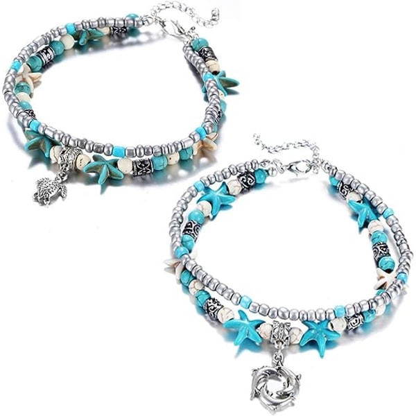 Blue Turtle Ankles for Women Girls Multilayer Beads Handmade Bea