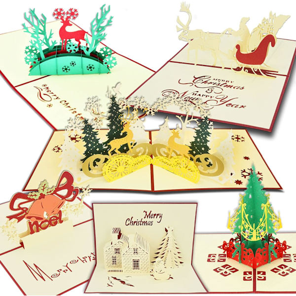 6 stk julekort, 3D popup julehilsenkort for jul/nyttår